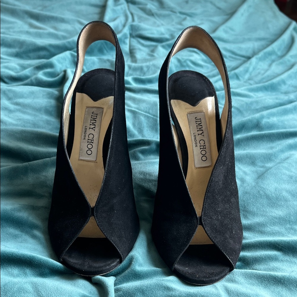 Jimmy Choo Black Suede Peep-Toe Slingback Heels Sz 39.5 Made in Italy
